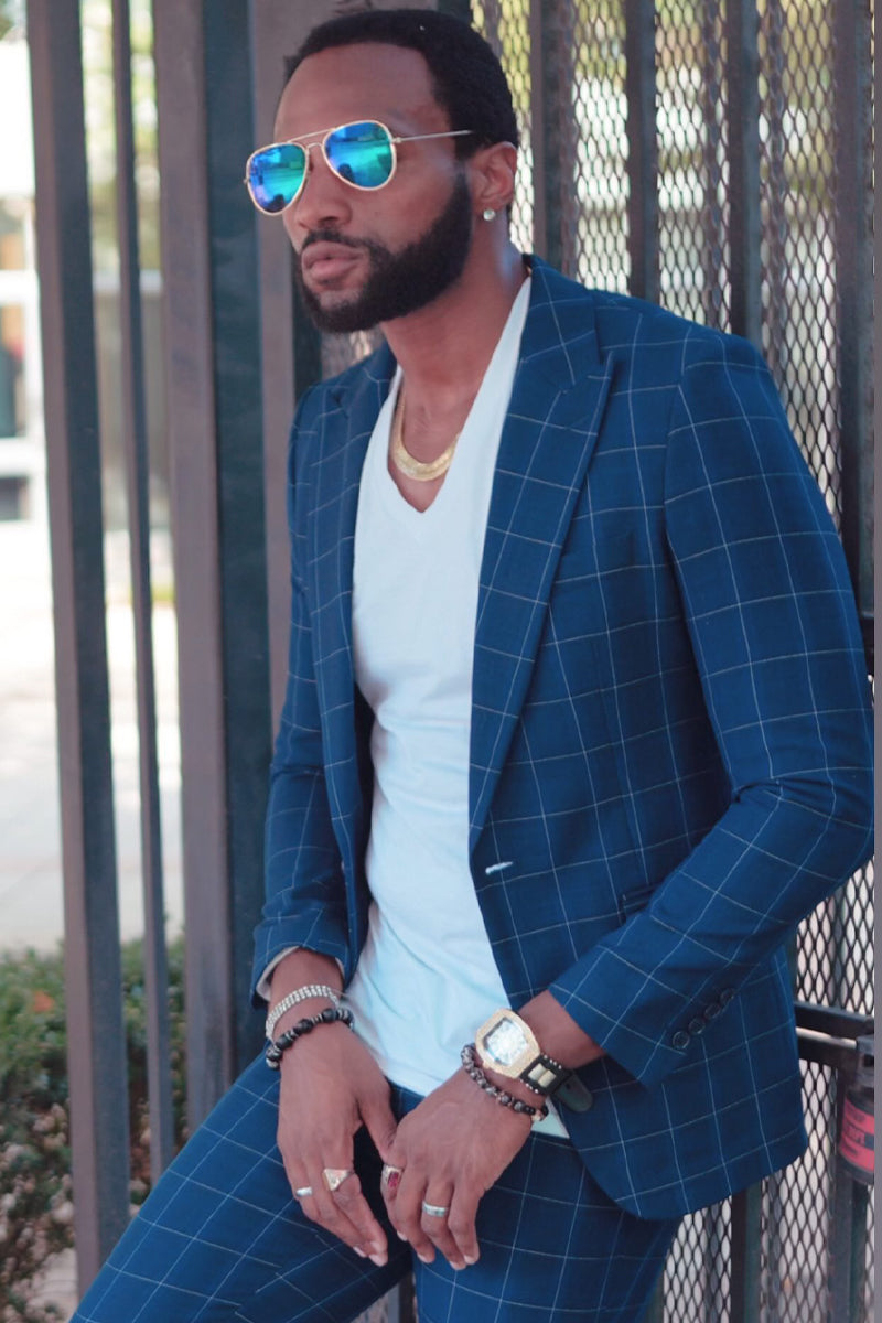 "Men's Navy Windowpane Plaid Suit - One Button Peak Lapel Vested" - 34 Short