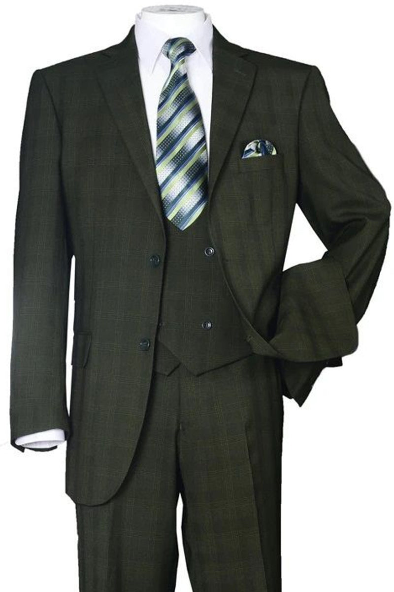 "Olive Green Modern Fit Plaid Windowpane Men's Suit with Double Breasted Vest"