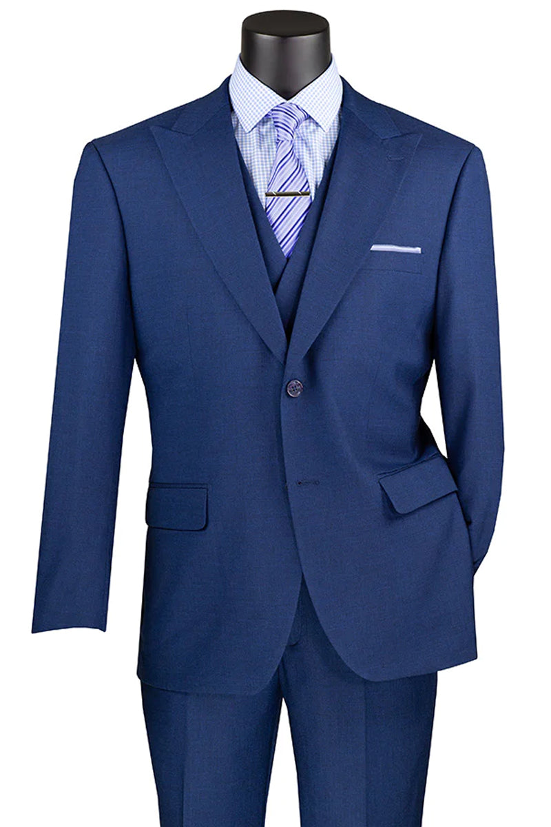 "Sharkskin Men's Suit with Double Breasted Vest - Summer Navy Blue" - 38 Regular