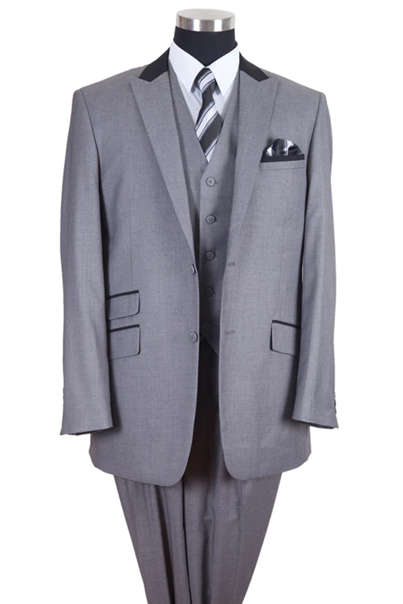 "Grey and Black Men's Suit with Peak Lapel - 2 Button Vested Contrast Collar" - 38 Long