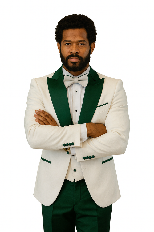 Hilton White and Hunter Green Paisley Peak Lapel Tuxedo Jacket with Matching Shawl Vest and Wool Pants Includes Bow Tie