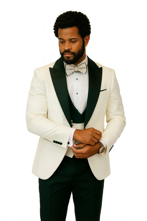 Hilton White and Black Paisley Peak Lapel Tuxedo Jacket with Matching Shawl Vest and Wool Pants Includes Bow Tie