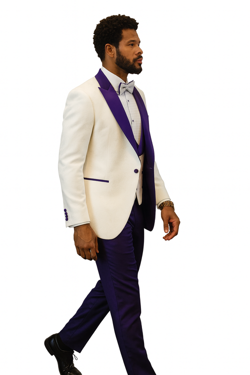 Hilton White and Purple Paisley Peak Lapel Tuxedo Jacket with Matching Shawl Vest and Wool Pants Includes Bow Tie