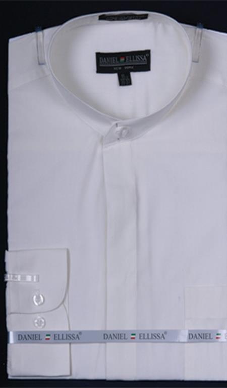 Men's Banded Collarless Ivory Dress Shirt Small 14.5 Men's Banded Collarless Ivory Dress Shirt Small 14.5