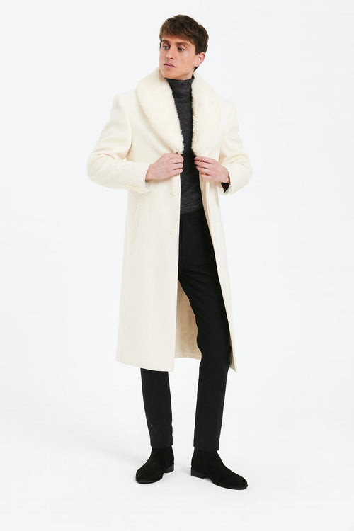 Mens Ivory Full-Length Overcoat with Luxurious Faux Fur Shawl Collar Cream Winter Dress Coat Off White Color