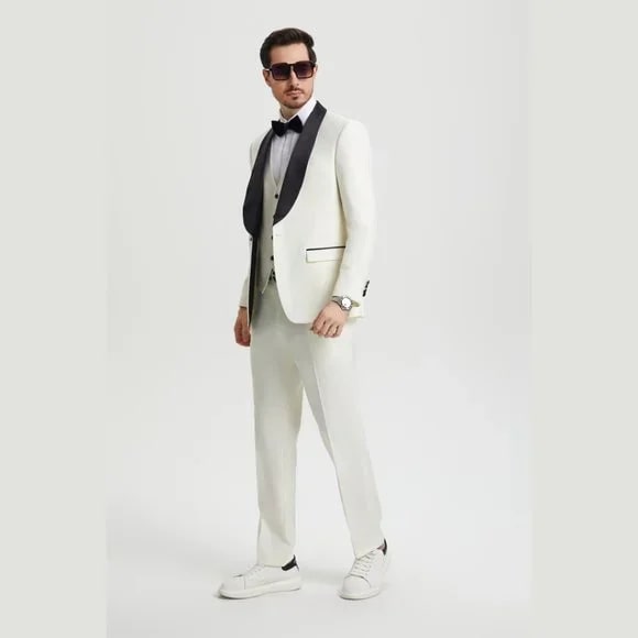 Stacy Adams 3pc Tuxedo Shawl Lapel, Off-White Ivory - 38 Short Jacket+32 Waist Adjustable 28to34)(Height: 5 4 to5 7 )(Neck 15-16.5)S-M)