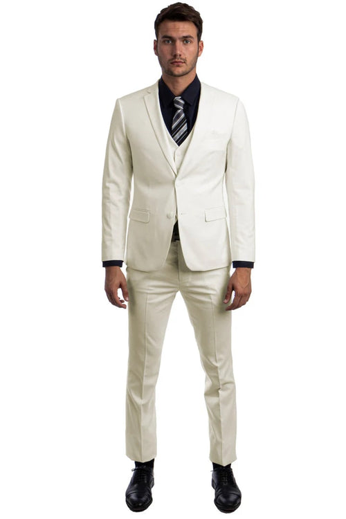 Cheap Priced Suit- Men's Two Button Slim Fit Vested Solid Basic Color Ivory Suit