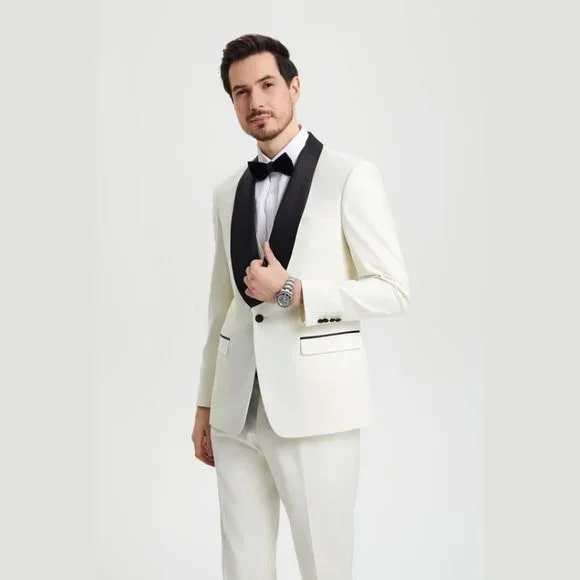Stacy Adams 3pc Tuxedo Shawl Lapel, Off-White Ivory - 38 Short Jacket+32 Waist Adjustable 28to34)(Height: 5 4 to5 7 )(Neck 15-16.5)S-M)