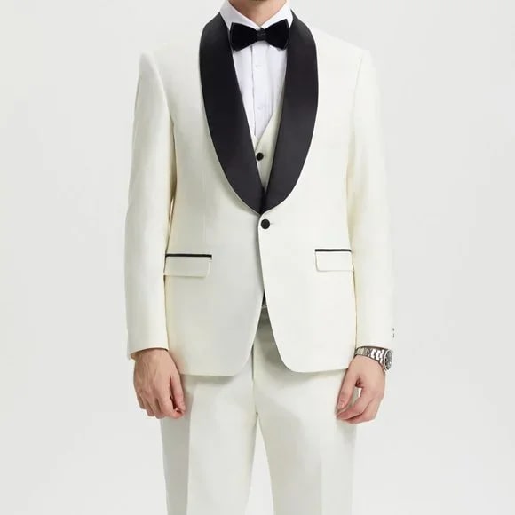 Stacy Adams 3pc Tuxedo Shawl Lapel, Off-White Ivory - 38 Short Jacket+32 Waist Adjustable 28to34)(Height: 5 4 to5 7 )(Neck 15-16.5)S-M)