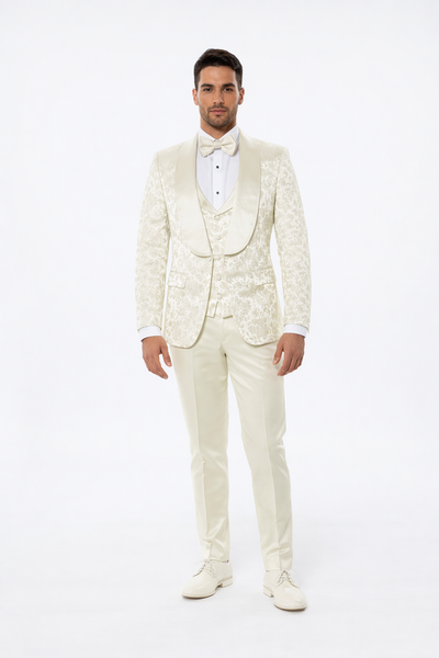 Ivory Floral Wedding Tuxedo for Men Wide Shawl Lapel Prom Suit