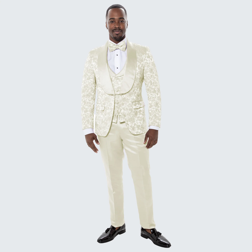 Ivory Floral Wedding Tuxedo for Men Wide Shawl Lapel Prom Suit