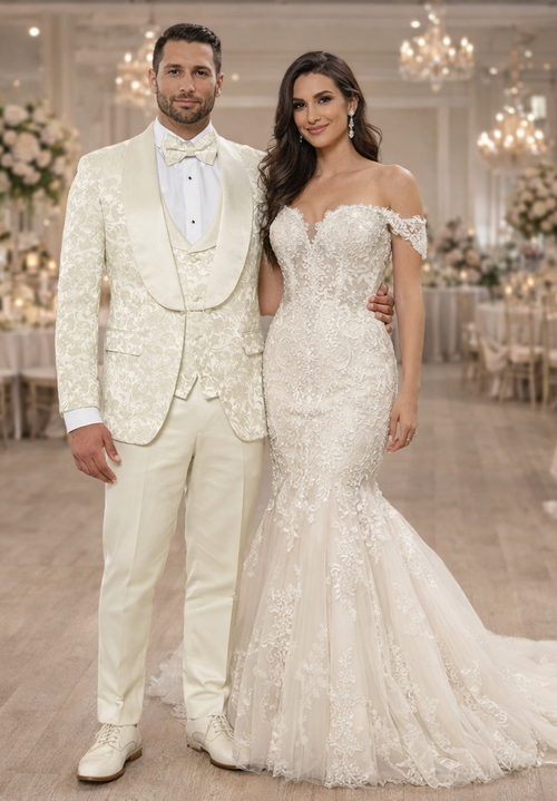Ivory Floral Wedding Tuxedo for Men Wide Shawl Lapel Prom Suit