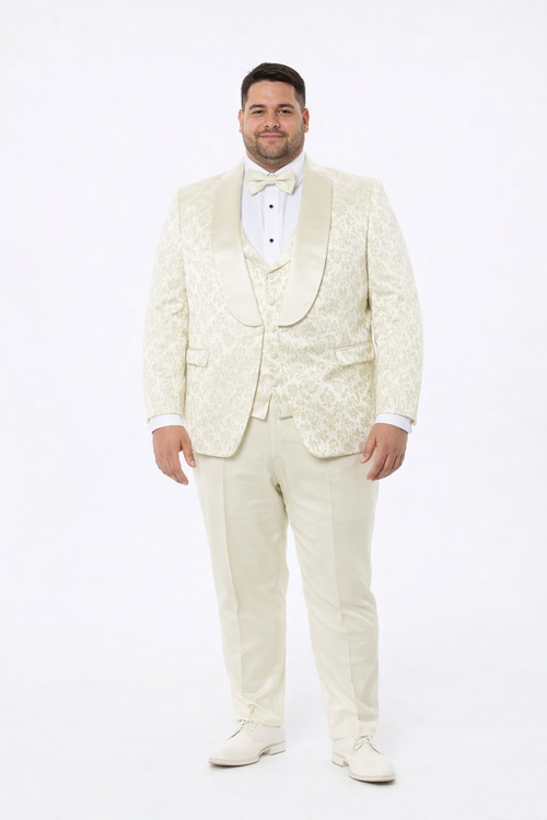 Ivory Floral Wedding Tuxedo for Men Wide Shawl Lapel Prom Suit
