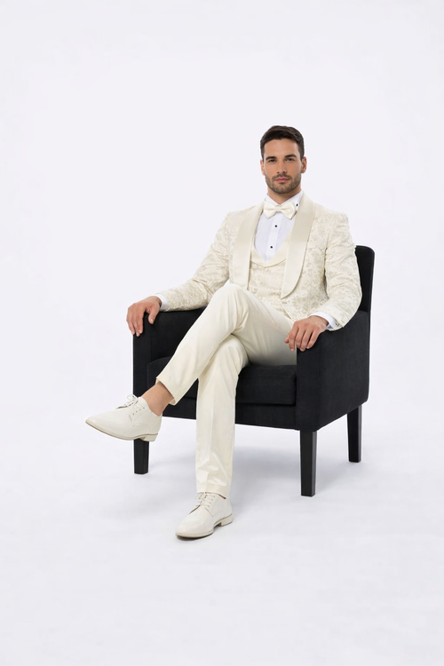 Ivory Floral Wedding Tuxedo for Men Wide Shawl Lapel Prom Suit