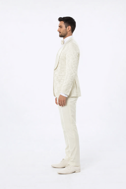 Ivory Floral Wedding Tuxedo for Men Wide Shawl Lapel Prom Suit