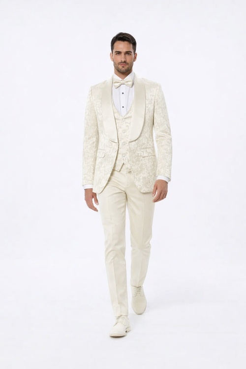 Ivory Floral Wedding Tuxedo for Men Wide Shawl Lapel Prom Suit