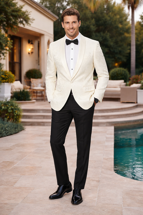 Ivory Paisley Mens Tuxedo Jacket Shawl Lapel Wedding, Reception & Prom Wear
