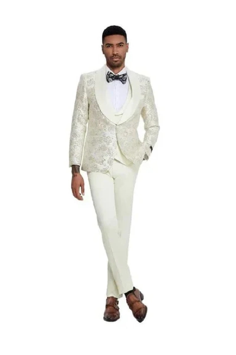 2025 Ivory Shiny Floral Mens 3pc Prom 2025 Suit by Tazzio - 38 Short Jacket+32 Waist Adjustable 28to34)(Height: 5 4 to5 7 )(Neck 15-16.5)S-M)