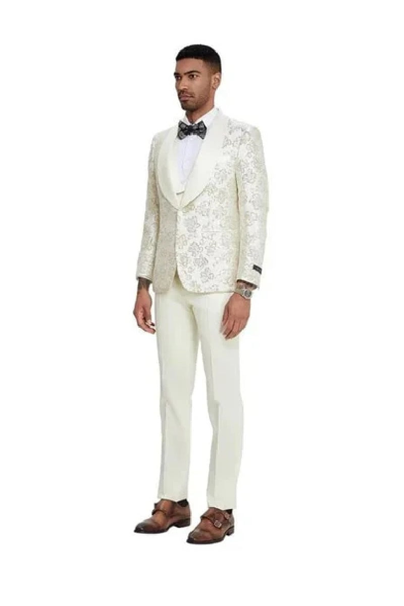 2025 Ivory Shiny Floral Mens 3pc Prom 2025 Suit by Tazzio - 38 Short Jacket+32 Waist Adjustable 28to34)(Height: 5 4 to5 7 )(Neck 15-16.5)S-M)