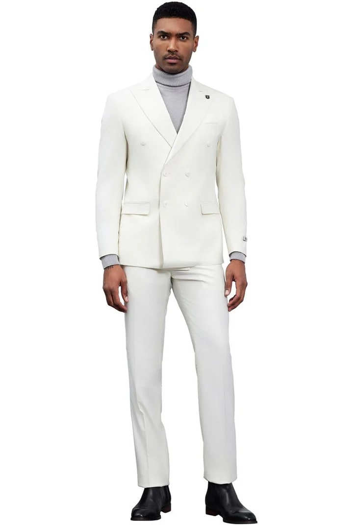Cheap Priced Suit- Men's Designer Stacy Adams Classic Double Breasted Ivory Suit - 38 Short Jacket+32 Waist Adjustable 28to34)(Height: 5 4 to5 7 )(Neck 15-16.5)S-M)