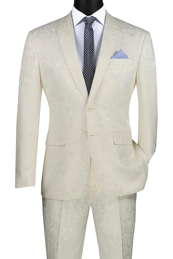 Cheap Priced Suit - Men's Slim Fit Shiny Paisley Prom 2026 & Wedding Ivory Suit