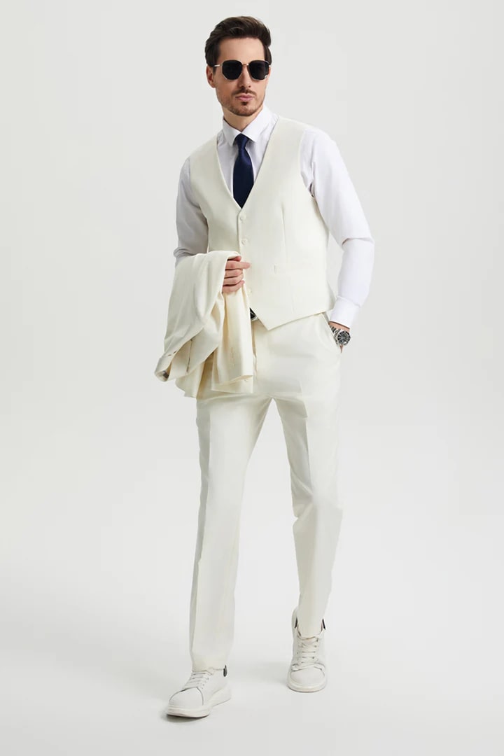 Cheap Priced Suit - Men's Two Button Vested Stacy Adams Basic Designer Sharkskin Ivory Suit - 38 Short Jacket+32 Waist Adjustable 28to34)(Height: 5 4 to5 7 )(Neck 15-16.5)S-M)
