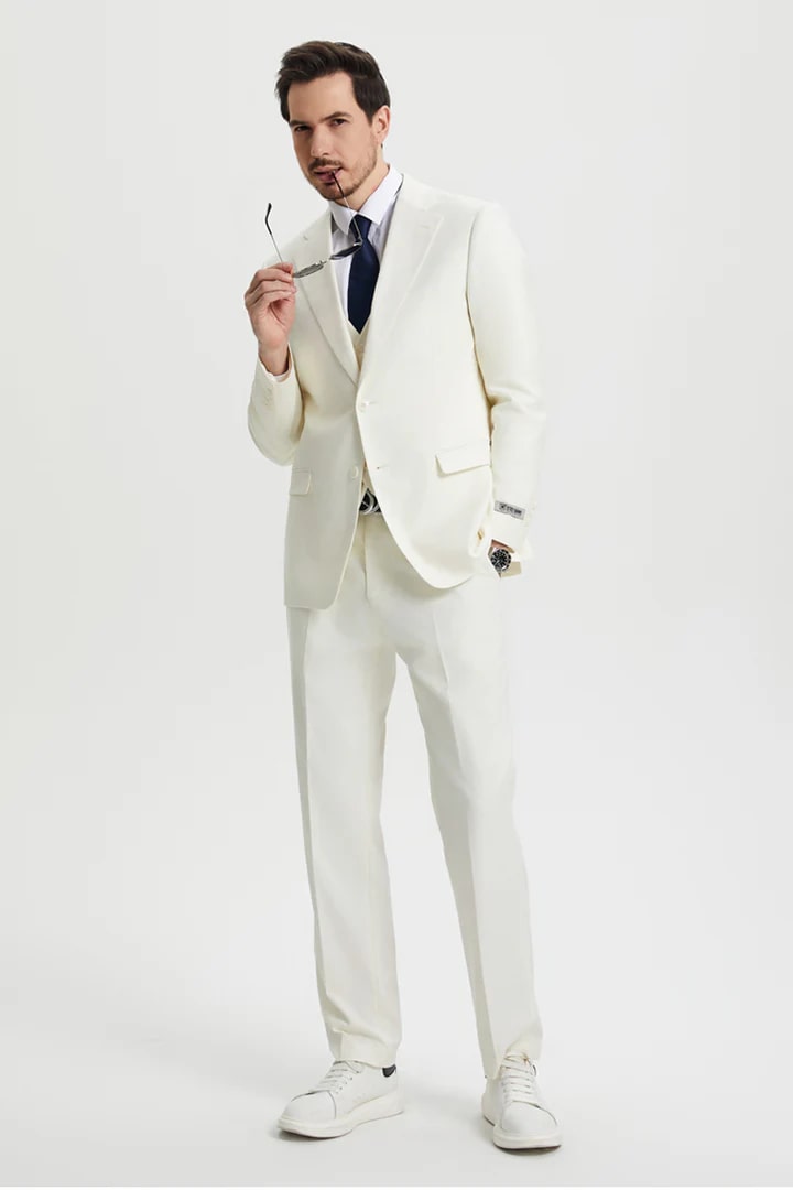 Cheap Priced Suit - Men's Two Button Vested Stacy Adams Basic Designer Sharkskin Ivory Suit - 38 Short Jacket+32 Waist Adjustable 28to34)(Height: 5 4 to5 7 )(Neck 15-16.5)S-M)