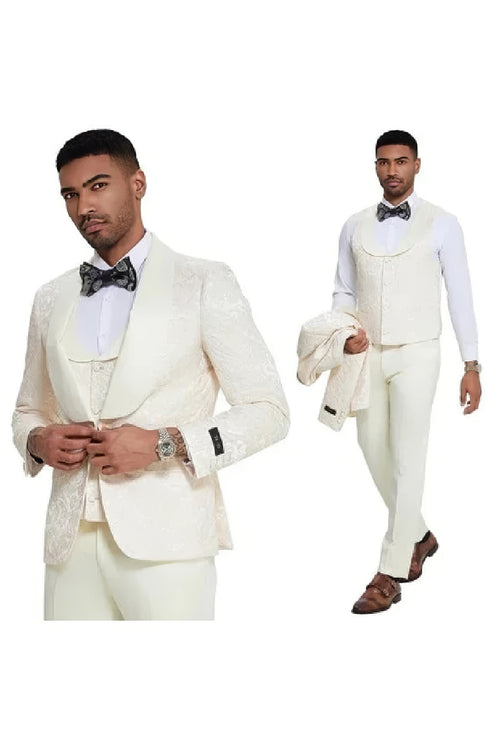 2026 Ivory Paisley 3pc Men's Suit Tuxedo by Tazzio