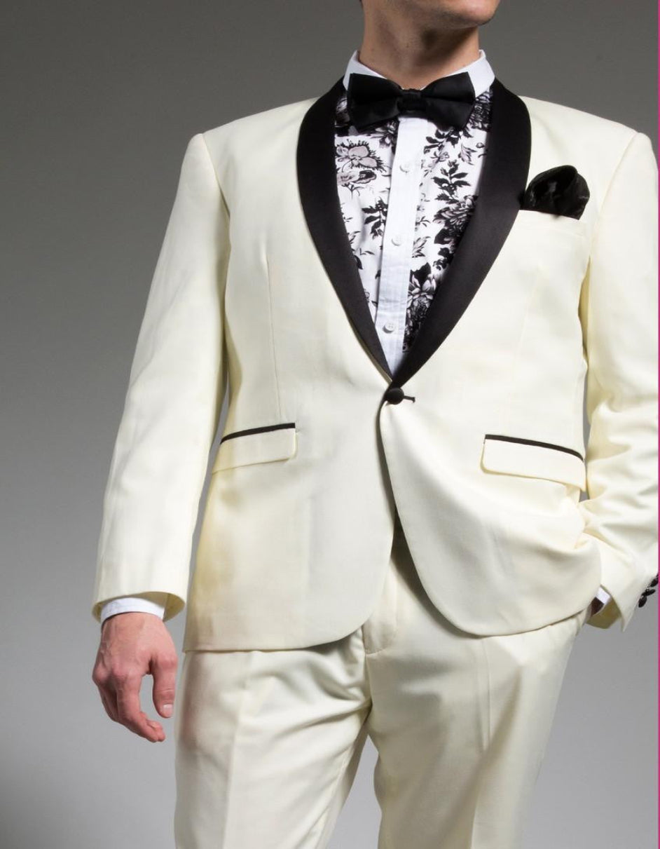 Mens Ivory Black Trim Slim Fit Tuxedo Suit - 38 Short Jacket+32 Waist Adjustable 28to34)(Height: 5 4 to5 7 )(Neck 15-16.5)S-M)