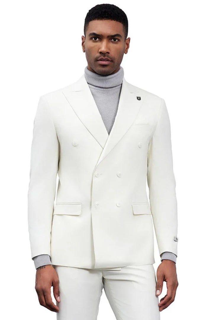 Cheap Priced Suit- Men's Designer Stacy Adams Classic Double Breasted Ivory Suit - 38 Short Jacket+32 Waist Adjustable 28to34)(Height: 5 4 to5 7 )(Neck 15-16.5)S-M)