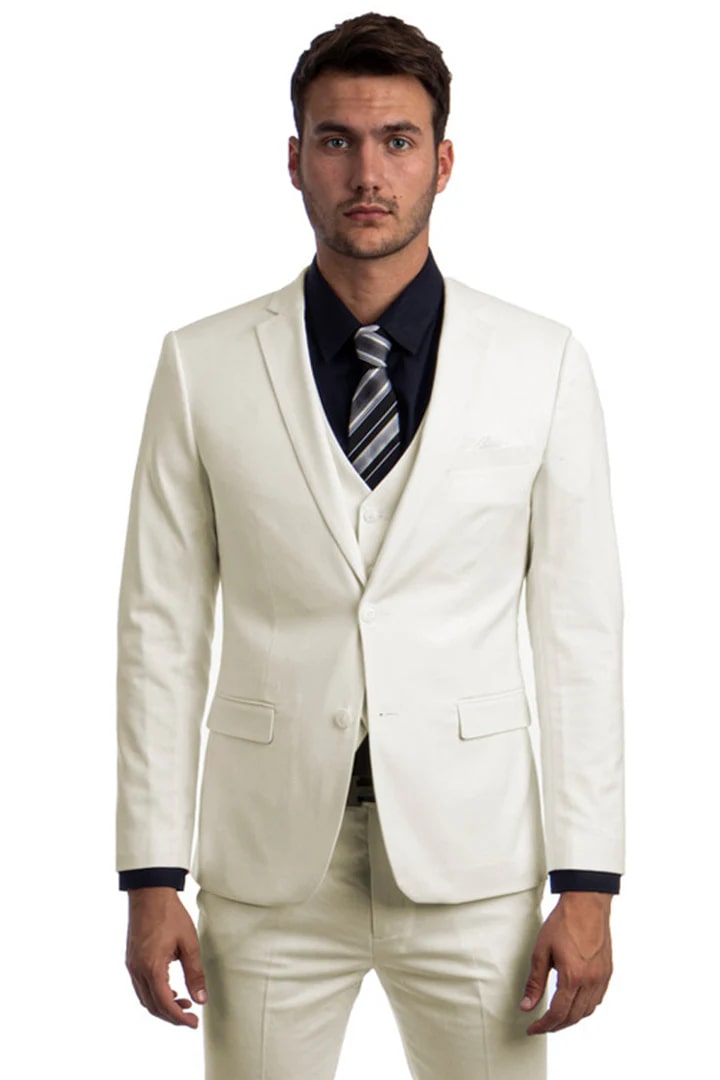 Cheap Priced Suit- Men's Two Button Slim Fit Vested Solid Basic Color Ivory Suit - 38 Short Jacket+32 Waist Adjustable 28to34)(Height: 5 4 to5 7 )(Neck 15-16.5)S-M)
