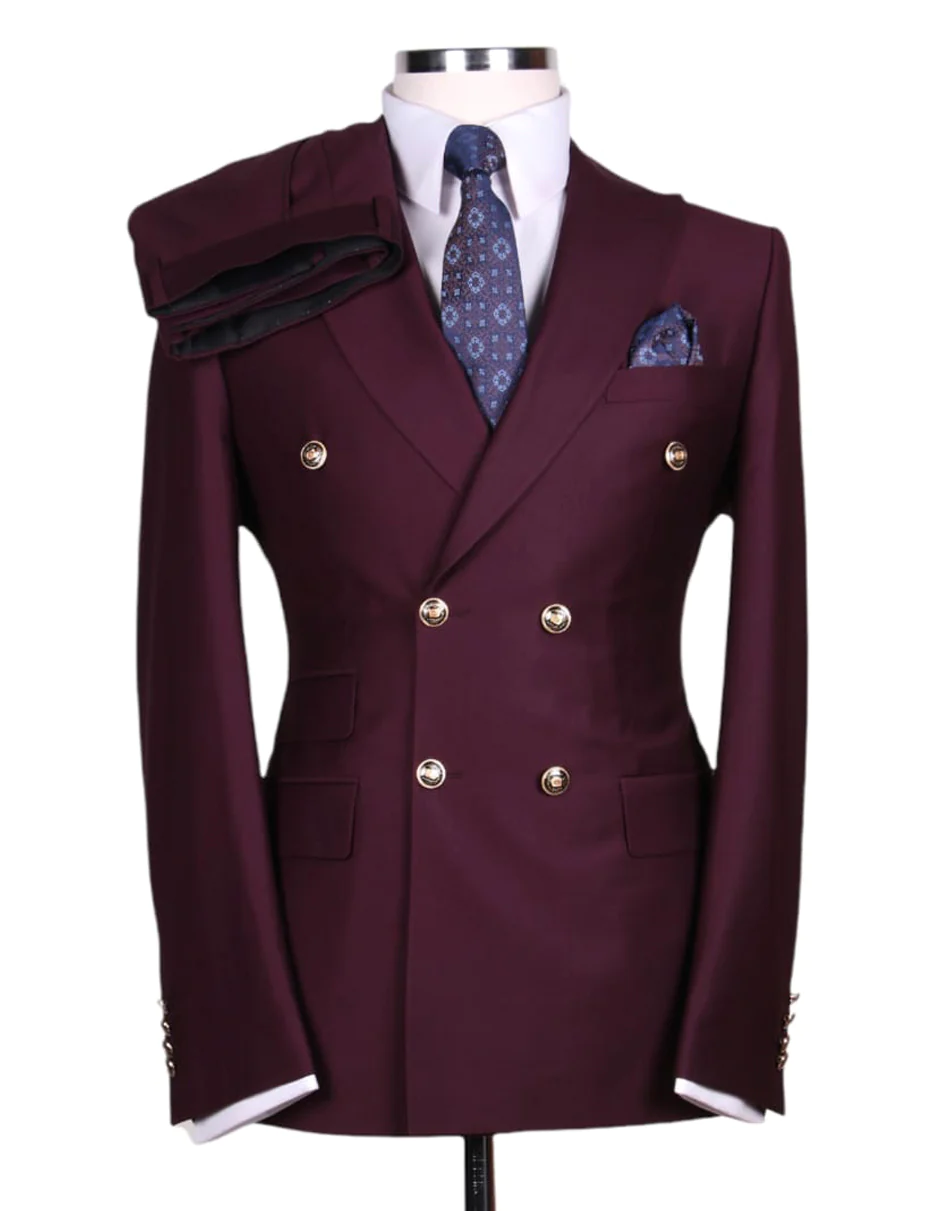 Mens Designer Modern Fit Double Breasted Wool Feel Suit - Designer Brand - Designer Brand with Gold Buttons in Burgundy - For Men Fashion Perfect For Wedding or Prom 2025 or Business or Church - 36 REGULAR