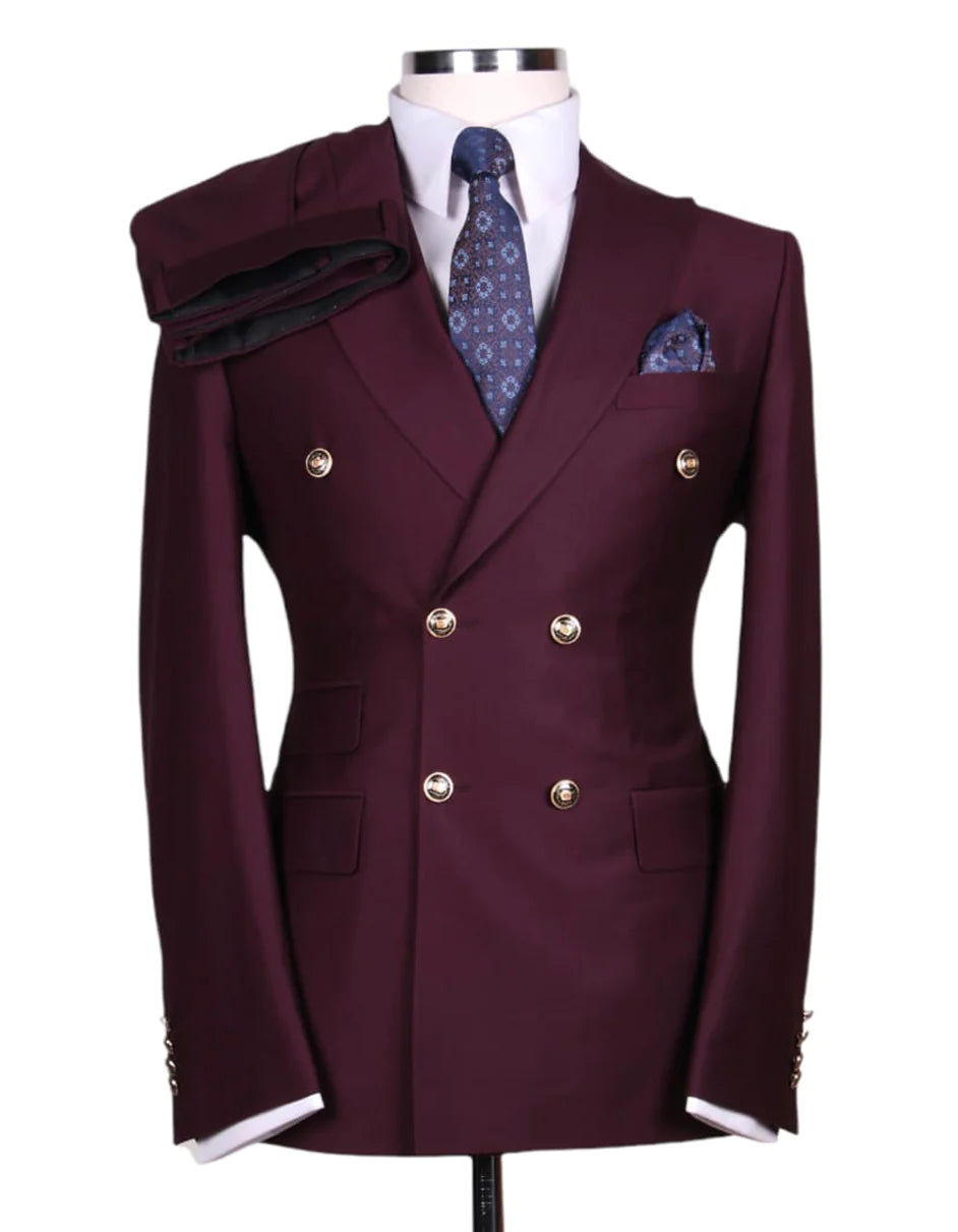 Mens Double breasted Suit - "Burgundy" 1920s 1980s Style Peak Lapel Suits - Back Side Vented Mens Designer Modern Fit Double Breasted Wool Suit with Gold Buttons in Burgundy - 36 Regular
