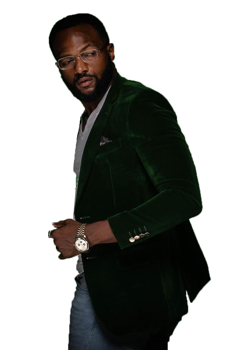 Mens Two Button Modern Fit Velvet Blazer in Hunter Green - Green