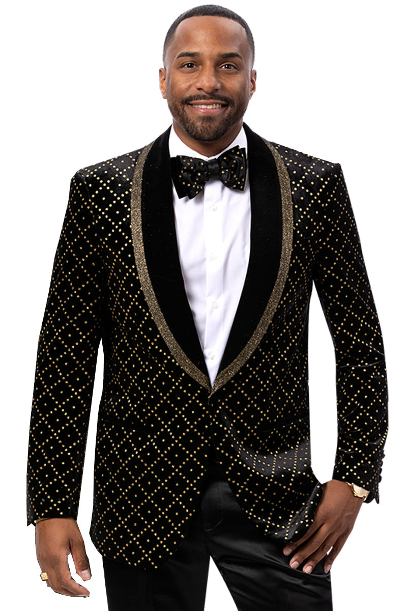Men's Velvet Wedding & Prom Tuxedo Jacket in Black with Gold Rhinestones sequin