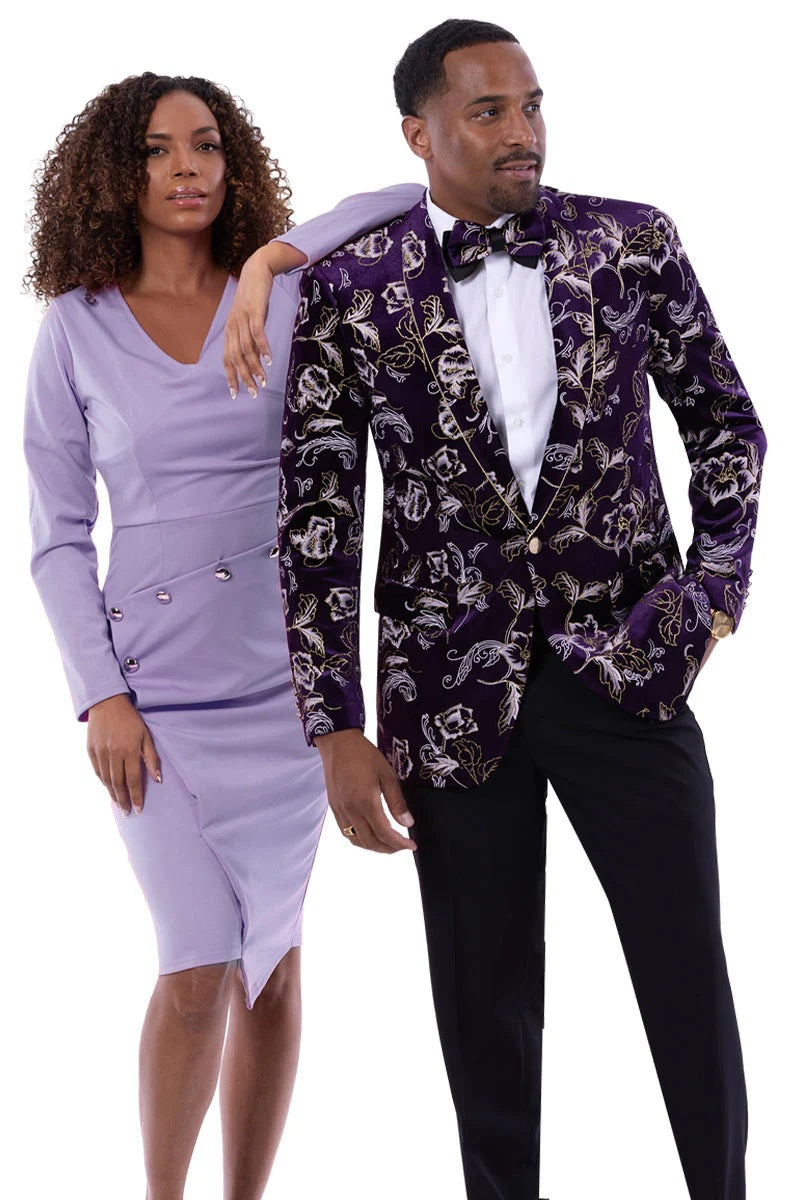 Mens Purple Floral Embossed Velvet Tuxedo Jacket Wedding and Prom Wear