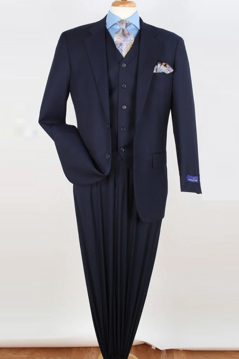 "Classic Fit Men's 2 Button Vested Suit with Single Pleated Pant - Navy Blue"