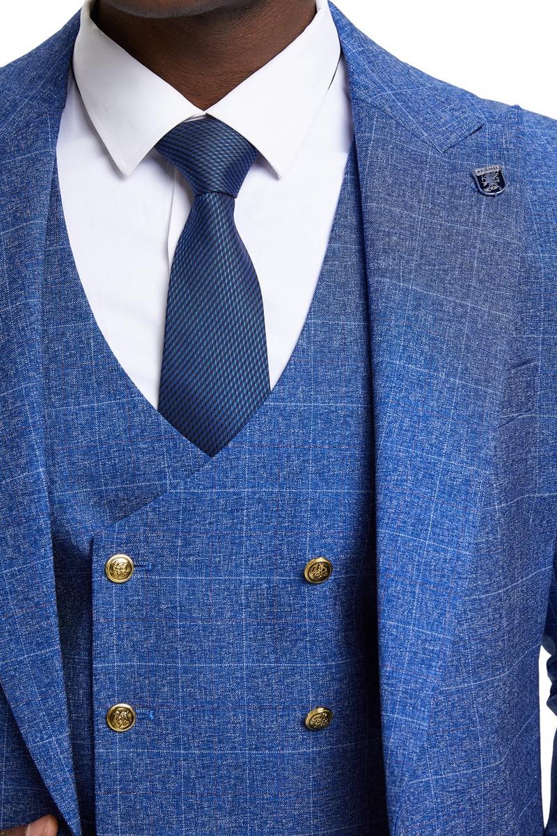 Men's Stacy Adams Peak Lapel Suit with Double Breasted Vest in Blue Windowpane Plaid - 38 Regular