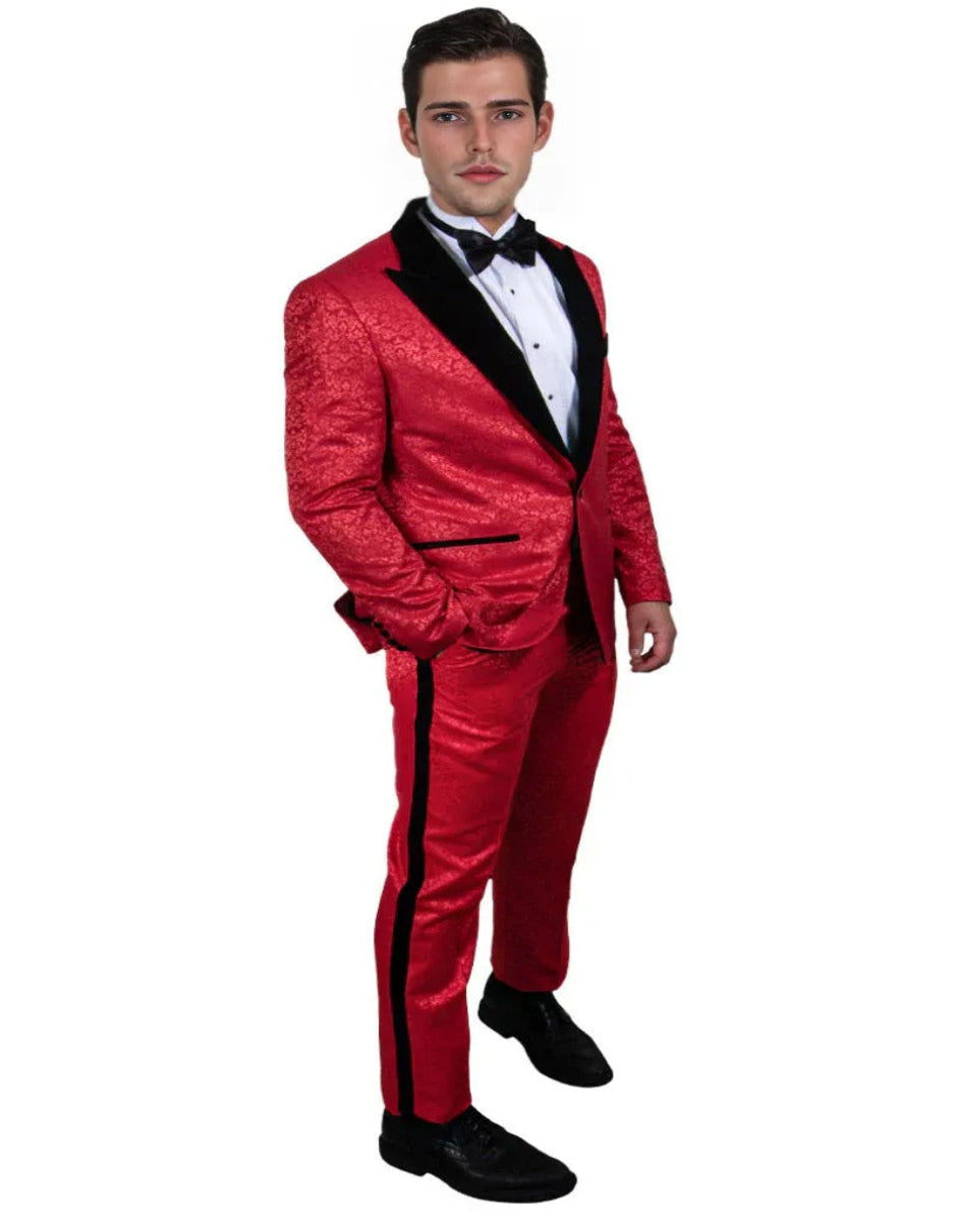 STACY ADAMS MEN'S PAISLEY TUXEDO - RED & BLACK FOR PROM 2025 & WEDDING - Red