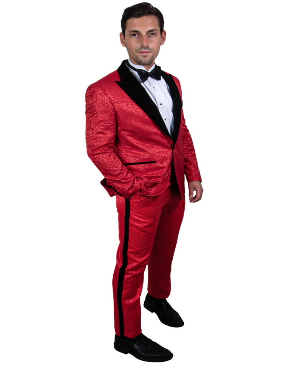 Men's Stacy Adams Paisely Prom 2025 & Wedding Tuxedo In Red & Black - 38 Short Jacket+32 Waist Adjustable 28to34)(Height: 5 4 to5 7 )(Neck 15-16.5)S-M)