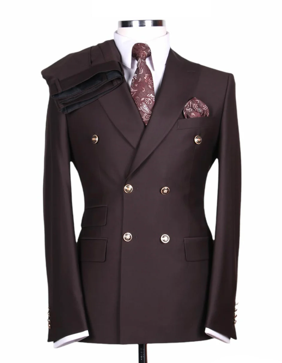 Best  Mens Designer Modern Fit Double Breasted Wool Suit with Gold Buttons in Brown  - For Men  Fashion Perfect For Wedding or Prom or Business  or Church - For Men  Fashion Perfect For Wedding or Prom or Business  or Church