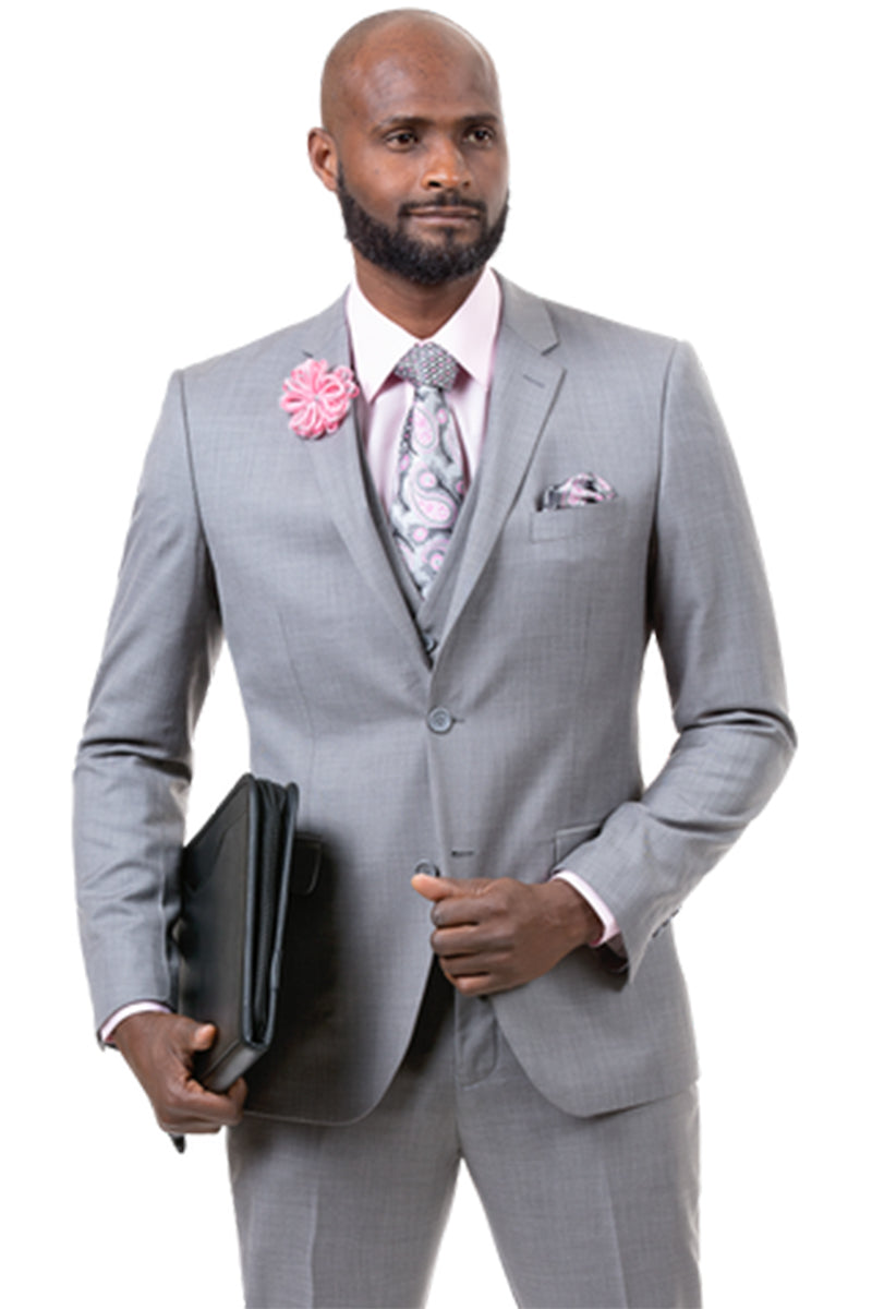 "Sharkskin Weave Men's Business Suit - Light Grey, Two-Button Vested" - 34 Short
