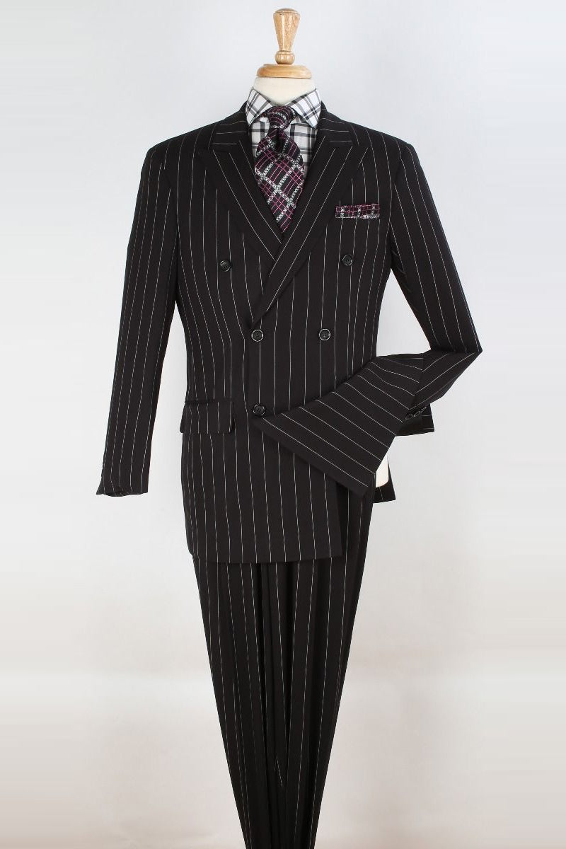 "1920's Double Breasted Gangster Pinstripe Suit for Men - Black" - 34 Regular