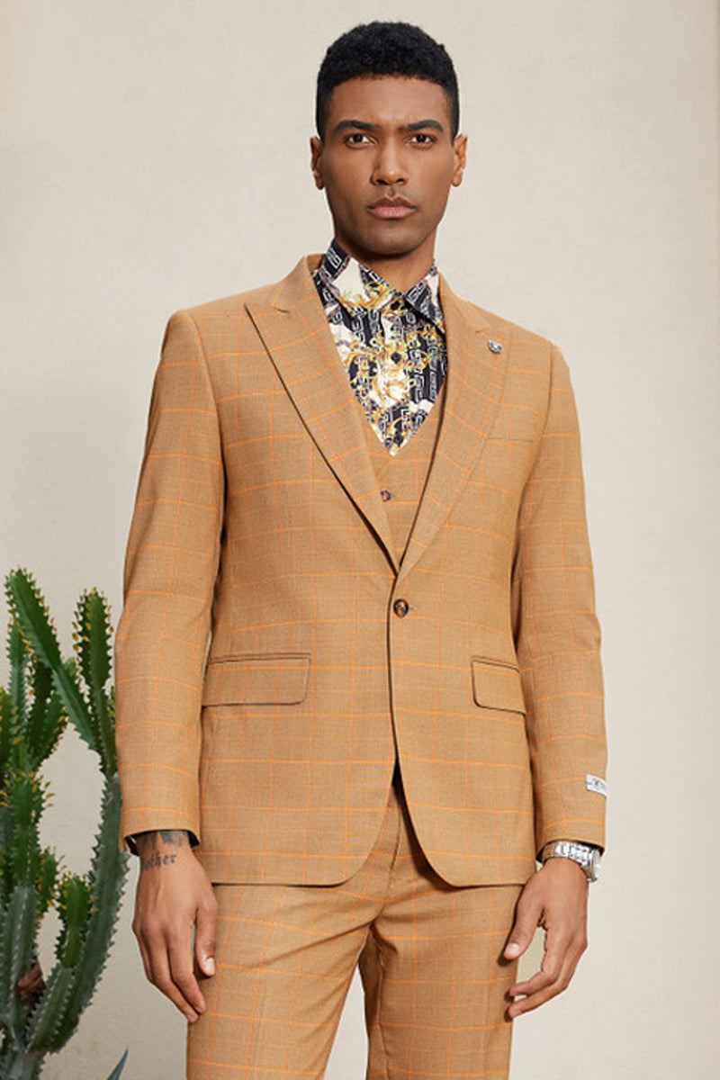 "Mens Stacy Adams Suit - Stacy Adams Men's Windowpane Plaid Suit with Reversible Vest - Orange Rust" - 34 Short