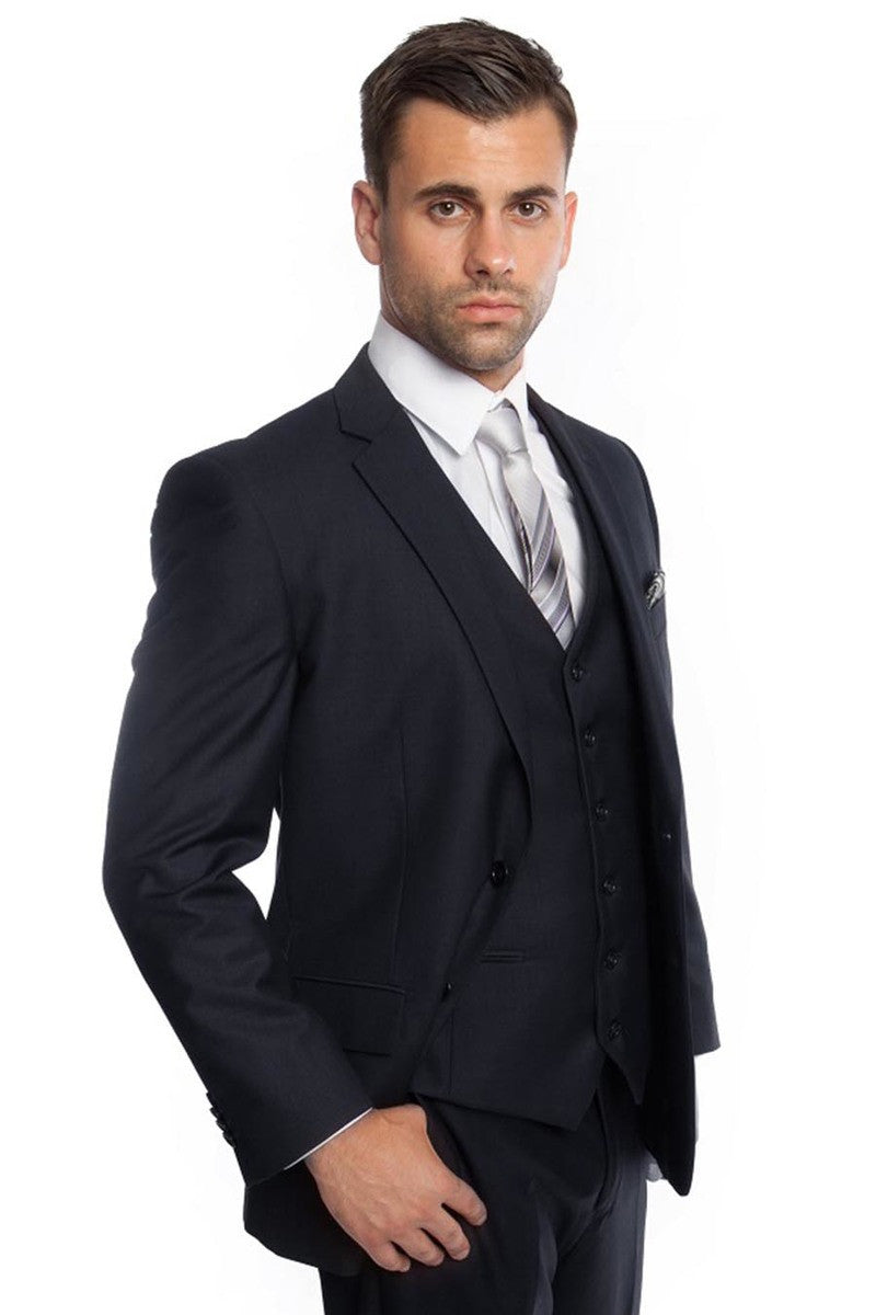 Navy Blue Men's Wedding & Business Suit - Vested Two Button Solid Color - 34 Short