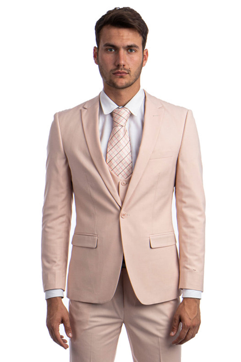 "Blush Pink Men's Wedding & Prom Suit - One Button Peak Lapel Skinny with Lowcut Vest"