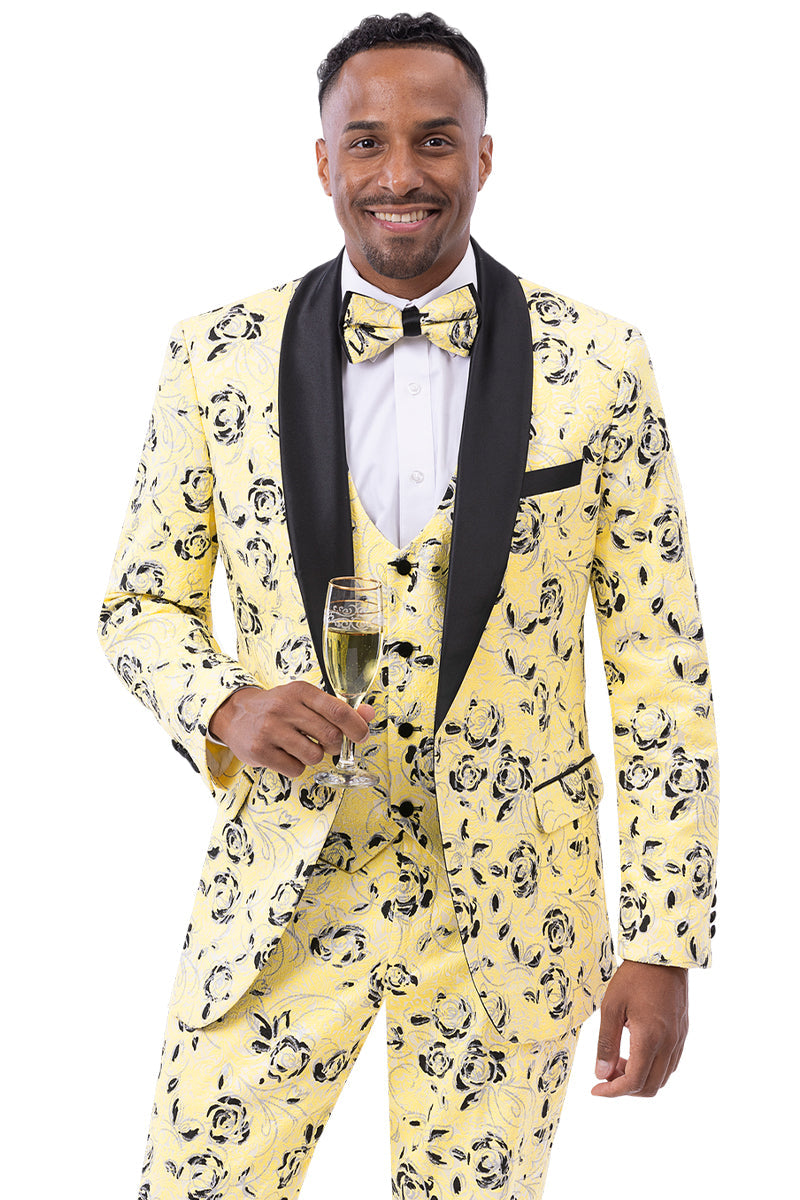 Men's Vested Shawl Lapel Wedding & Prom Tuxedo in Yellow Paisley Floral