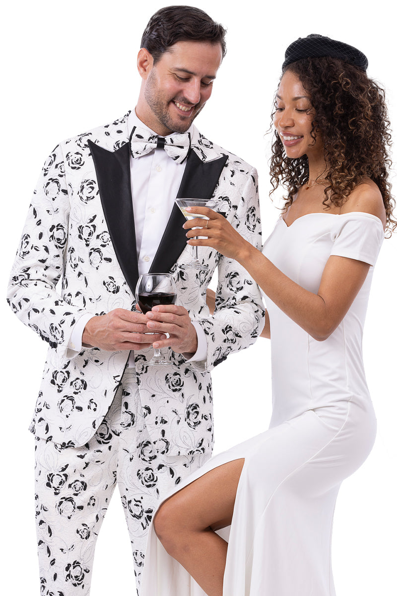 Men's Modern Fit Rose Pattern Peak Lapel Wedding Tuxedo in Black & White