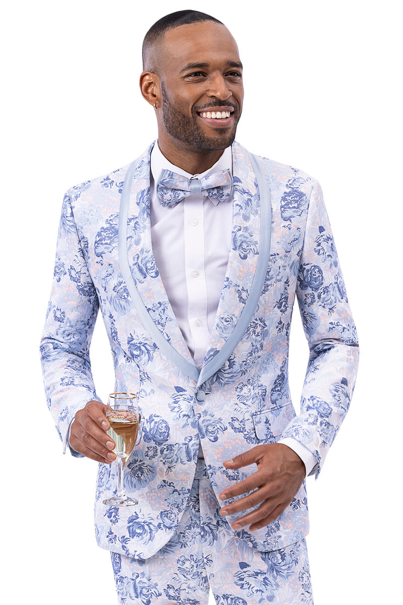 Men's One Button Satin Trim Wedding Tuxedo in Light Blue Floral Paisley