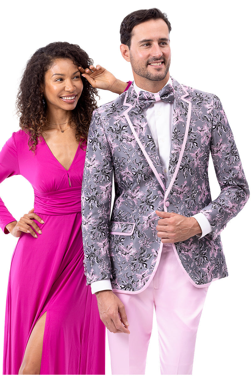 Men's One Button Modern Fit Wedding Tuxedo in Grey & Pink Floral Paisley